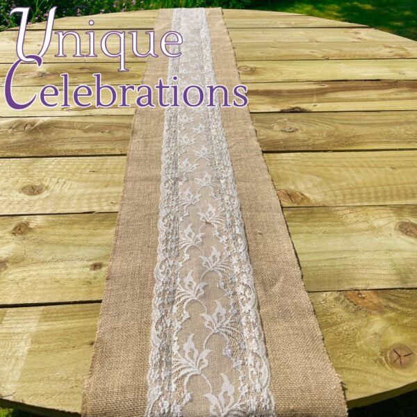 Unique Celebrations rustic large round wooden table with Hessian Sash