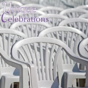 Unique Celebrations white plastic chair for indoor or outdoor use.