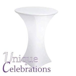 Unique Celebrations Poseur tables with white stretch cover.